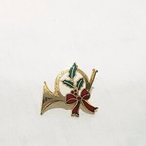 French Horn Christmas Holly Bow Lapel Pin 3/4" Metal Enamel Hallmark